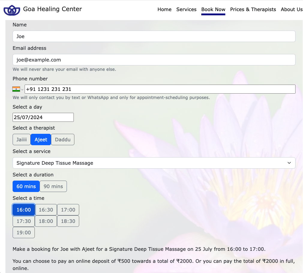 The booking page connects with an online business calendar.